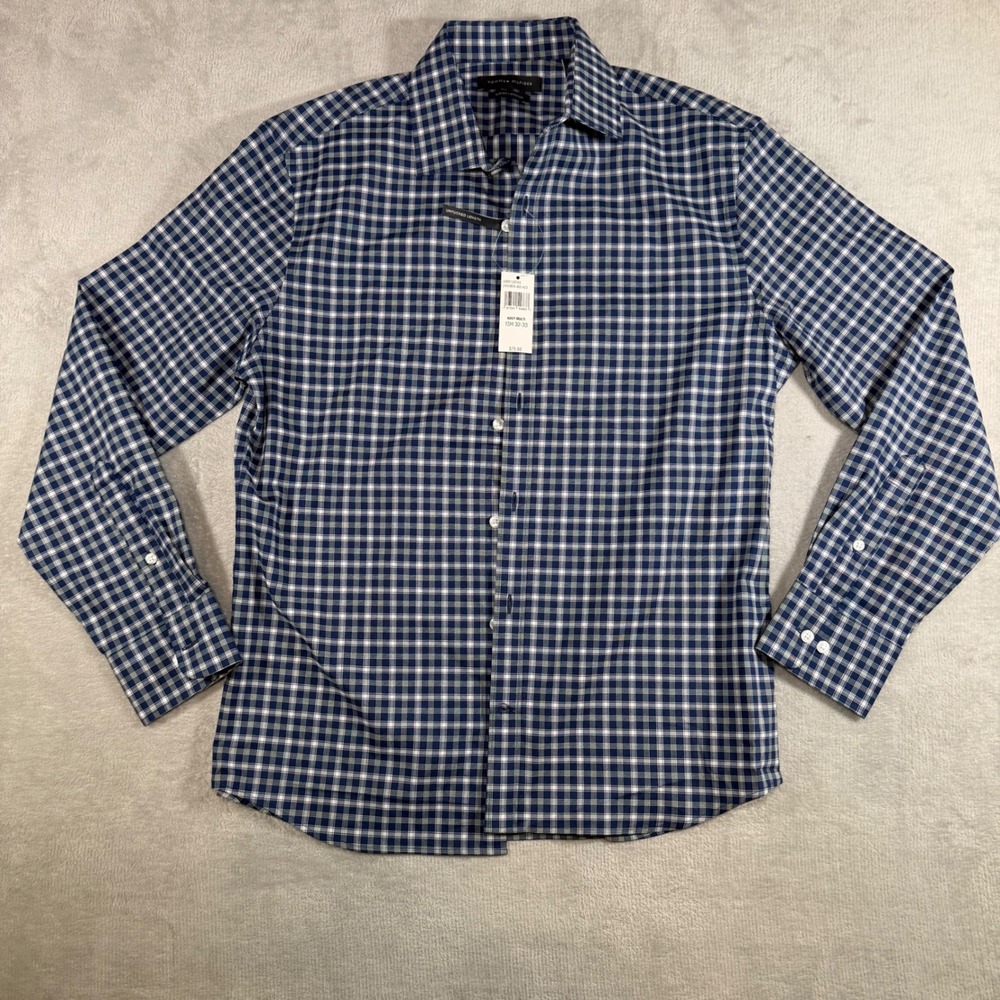 Tommy Hilfiger Mens Slim Fit Stretch Untucked Shirt Navy Plaid 15.5 32/33 M NEW‎